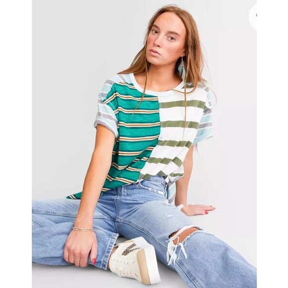 Free People Get Real T-Shirt Oversized Medium S/S Color-block Striped Green New - Picture 7 of 16